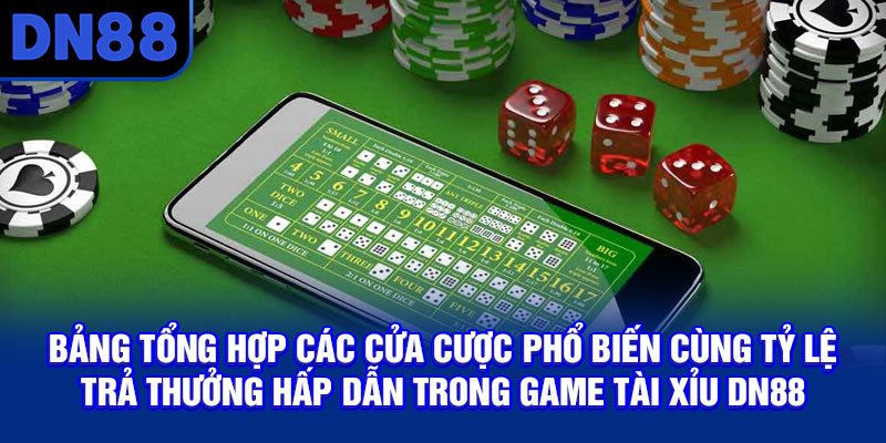 Bảng tổng hợp các cửa cược phổ biến cùng tỷ lệ trả thưởng hấp dẫn trong game Tài Xỉu DN88